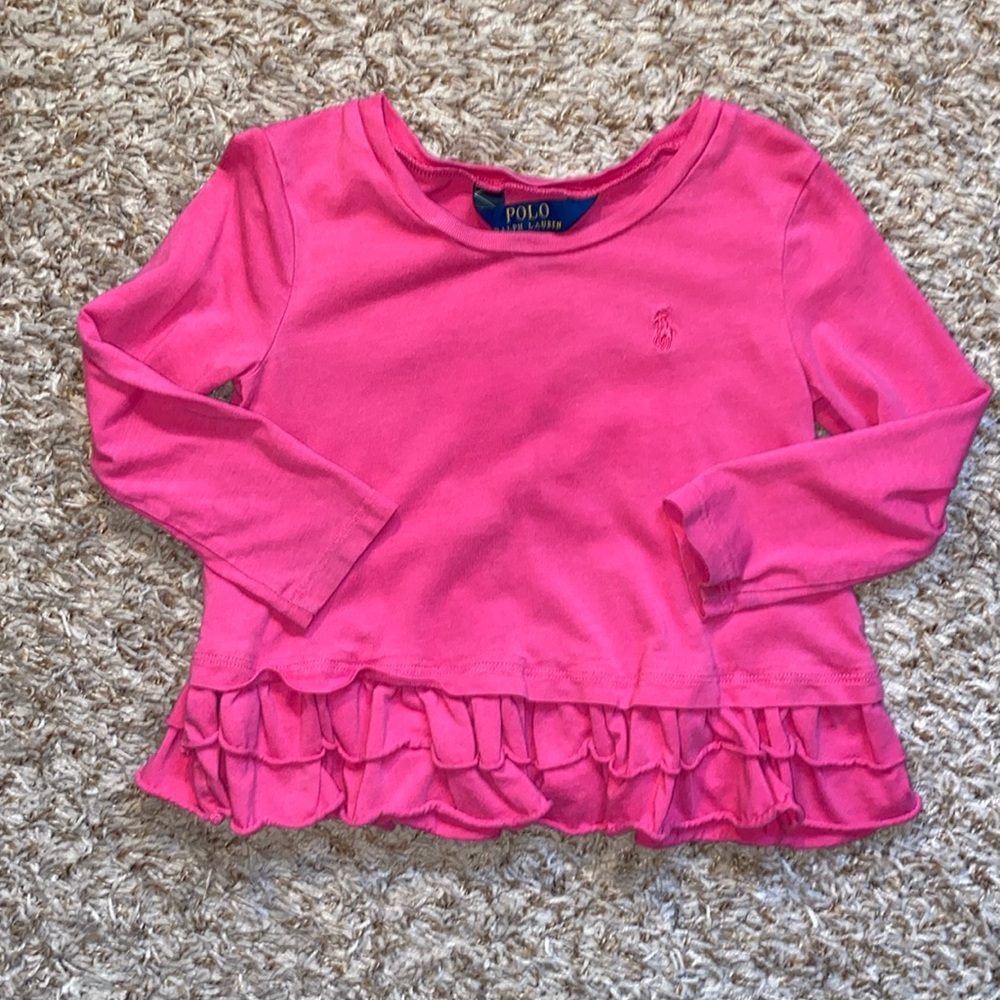 Polo by Ralph Lauren Girls' Hot Pink Long Sleeve Ruffle Hem Tee